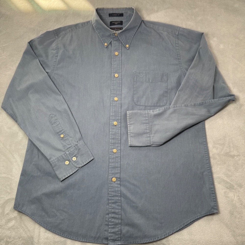 Dockers Men's Blue Classic Fit Long Sleeve Button Down Stain Defender Size Large
